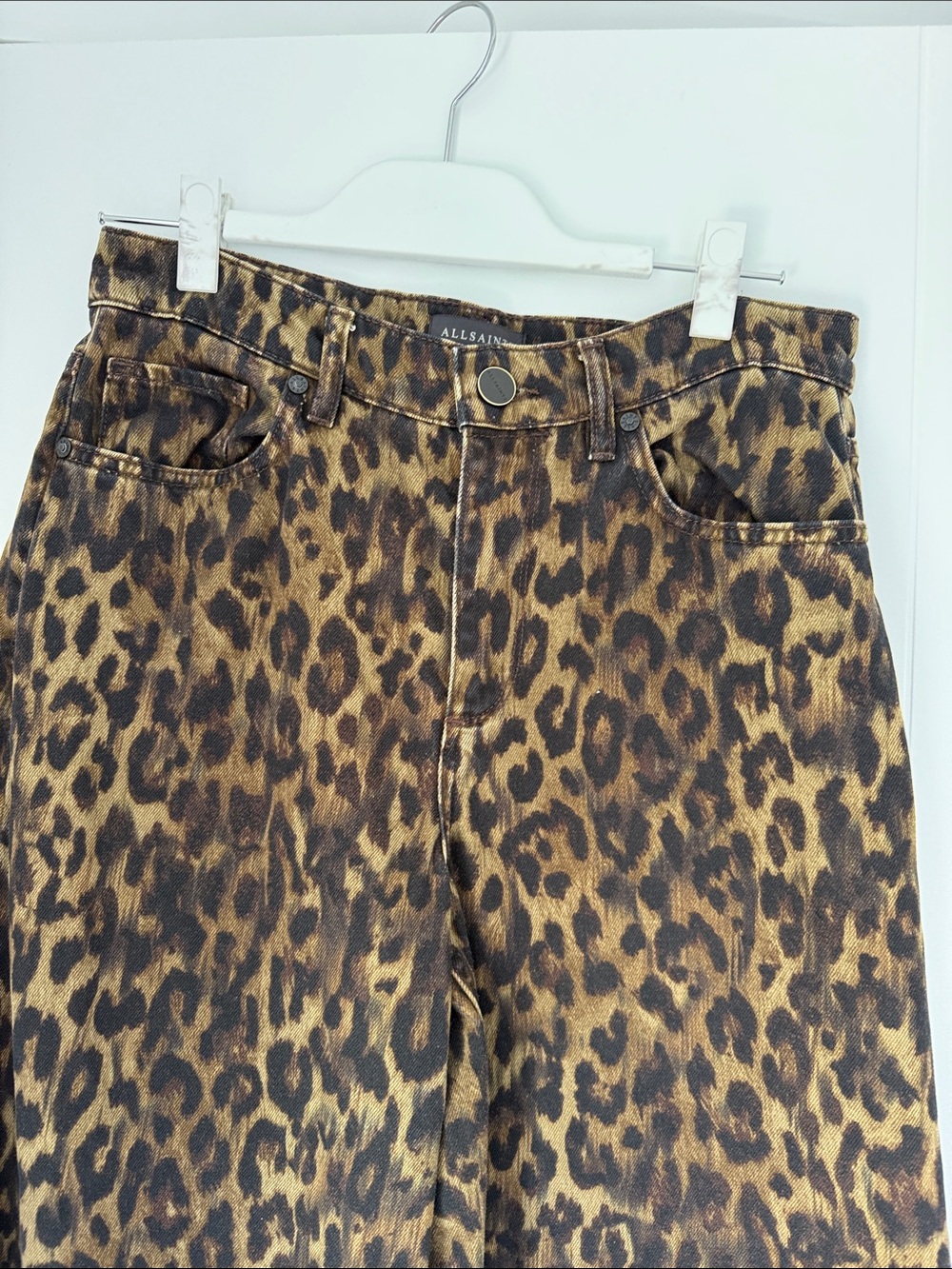 AllSaints Leopard Print Denim Louie Long Shorts - Picture 8 of 9